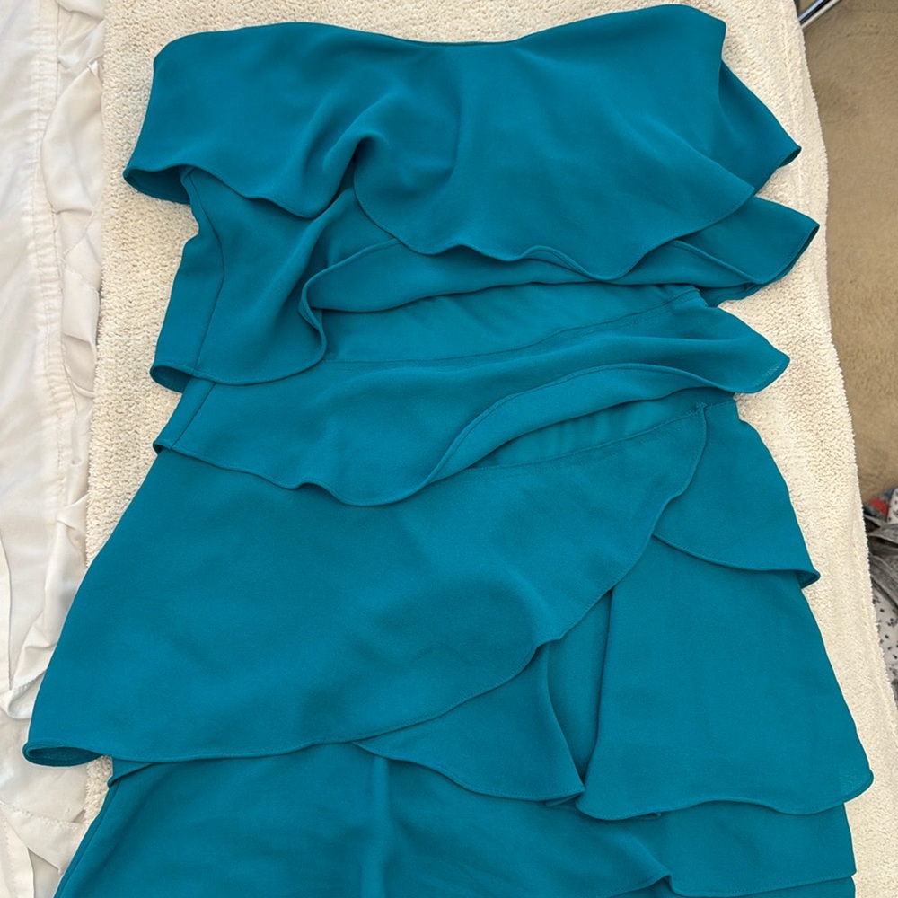 cute strapless teal mini ruffle dress